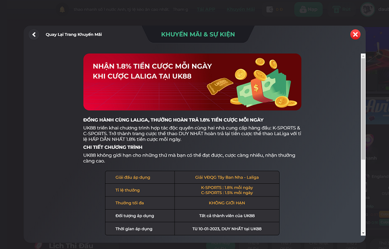 khuyen mai uk88 2 Khuyến mại: Nhận 1.8% hoàn trả khi cược LaLiGa