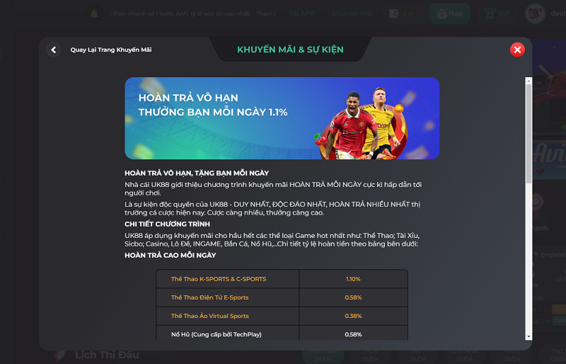 khuyen mai uk88 3 Khuyến mại: Hoàn trả vô hạn thưởng bạn mỗi ngày 1.1%