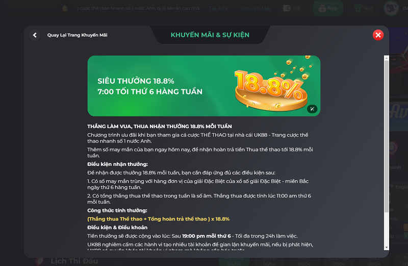 khuyen mai uk88 4 Khuyến mại: Siêu thưởng 18.8% vào 7:00 tối thứ 6 hàng tuần